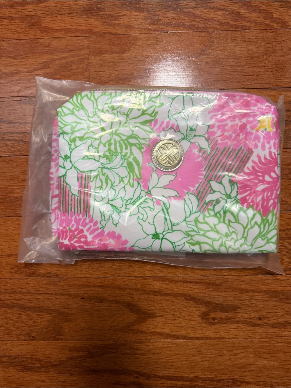Lilly Pulitzer Pink Floral Cosmetic Pouch with Gold Logo